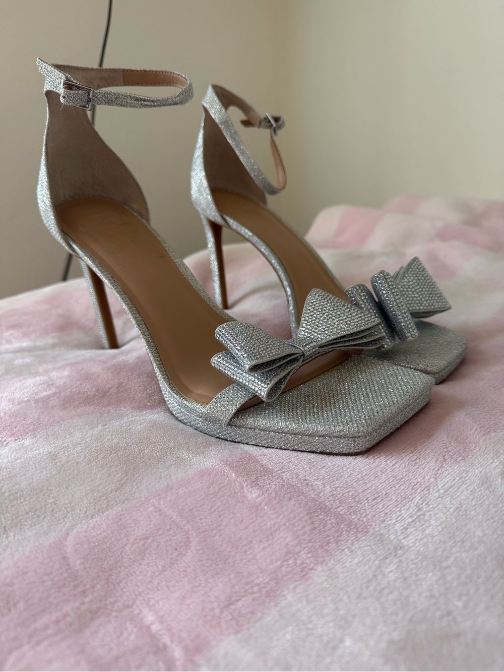 INC International Concepts Silver Glitter Bow Ankle-Strap Heels with Open Toe - Picture 3 of 5